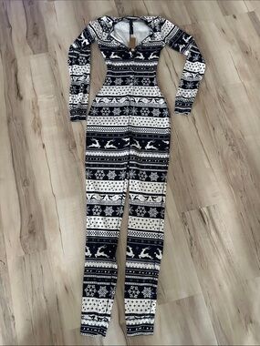 SKIMS Navy Deer Fairisle Plush Onesie